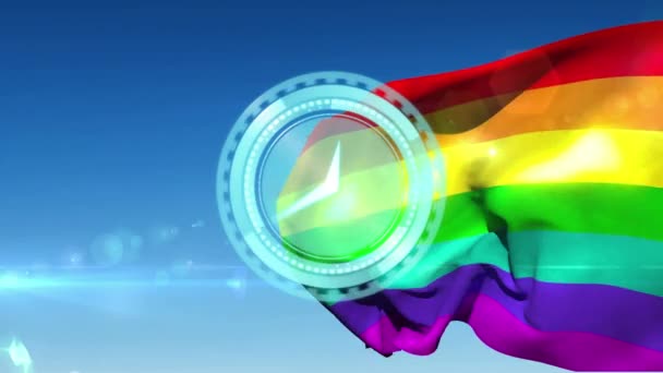 Animation Regnbåge Flagga Och Blå Klocka Över Blå Bakgrund Lgbtq — Stockvideo