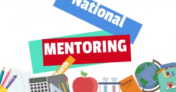 Animation National Mentoring Month Day Text School Icons White Background — Αρχείο Βίντεο