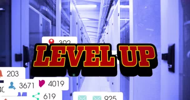 Animation Level Text Numbers Growing Server Room Global Social Media — Vídeo de Stock