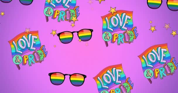 ピンクを背景に虹色のメガネと愛と誇りのテキストのアニメーション Lgbtq誇りと平等のお祝いの概念デジタル生成されたビデオ — ストック動画