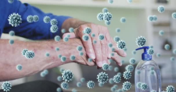 在洗手过程中 19个细胞在人手上滑落的动画效果 全球联盟19大流行病概念数码视频 — 图库视频影像
