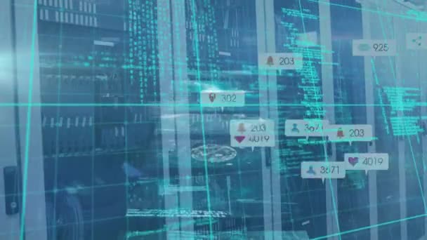 Animation Digital Screens Data Processing Server Room Global Business Finances — Vídeo de Stock