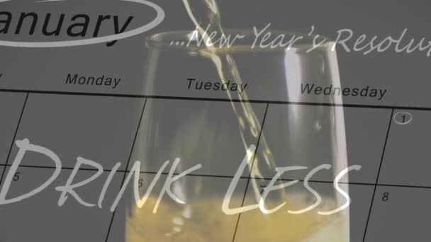 Animación Copa Vino Sobre Calendario Resoluciones Año Nuevo Enero Seco — Vídeos de Stock