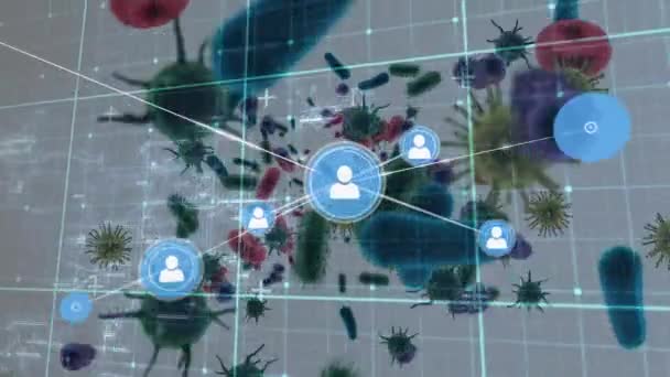 在病毒细胞上与媒体图标连接的网络动画 Covid期间的社交媒体19大流行病概念数字生成视频 — 图库视频影像