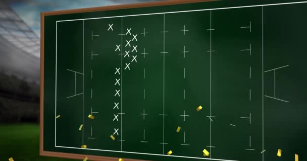 Animation Confetti Falling Sports Tactics Rugby Field Chalkboard Background Sports — Stockvideo