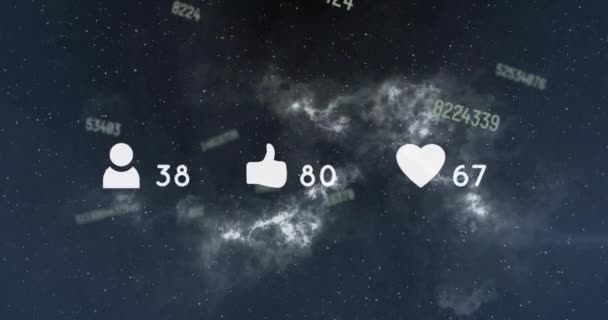 Animation Social Media Icons Numbers Moving Clouds Background Global Online — Stok video