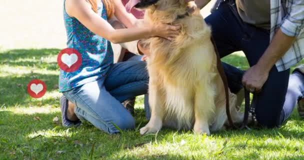Hartenanimatie Zwevend Gelukkige Ouders Dochter Strelende Hond Zonnig Park Familie — Stockvideo