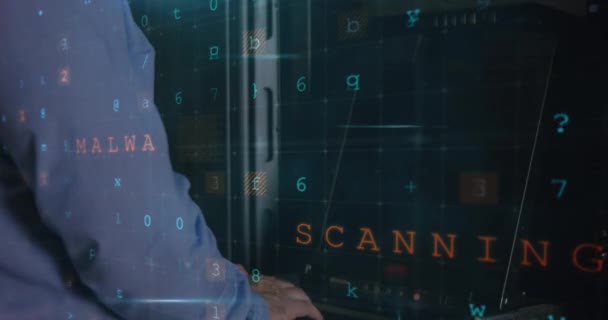 Animatie Van Cyberaanval Waarschuwing Blanke Man Serverruimte Wereldwijd Concept Voor — Stockvideo