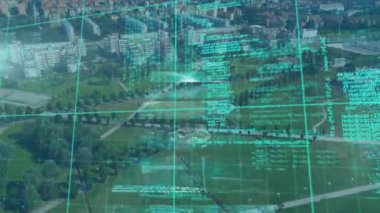 Animation of data processing and digital screens over cityscape. global business, finances, connections and digital interface concept digitally generated video.