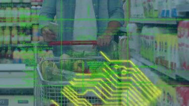 Animation of data processing and yellow lines over caucasian man using smartphone. global business, finances, connections and digital interface concept digitally generated video.