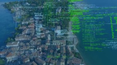 Şehir manzarası üzerinde veri işleme animasyonu. küresel iş, finans, bağlantılar ve dijital arayüz konsepti dijital olarak oluşturulmuş video.