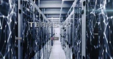 Animation of thank you text and numbers growing over server room. global social media, connections and digital interface concept digitally generated video.