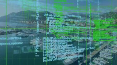 Şehir manzarası üzerinde veri işleme animasyonu. küresel iş, finans, bağlantılar ve dijital arayüz konsepti dijital olarak oluşturulmuş video.
