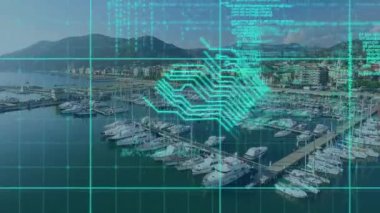 Animation of data processing and blue lines over cityscape. global business, finances, connections and digital interface concept digitally generated video.