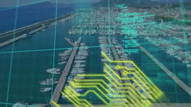 Animation of data processing and yellow lines over cityscape. global business, finances, connections and digital interface concept digitally generated video.