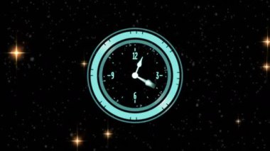 Animation of clock and falling stars over black background. party and celebration concept digitally generated video.