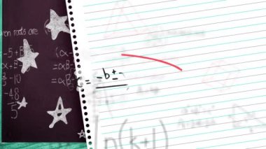 Animation of moving mathematical formulas over sheet of paper. science, education and learning concept digitally generated video.