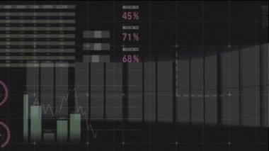 Animation of financial data processing over windows. global business, finances, connections and digital interface concept digitally generated video.