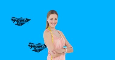 Birinci sınıf kaliteli metinler üzerine gülümseyen beyaz kadın animasyonu. moda ve yaşam tarzı konsepti dijital olarak oluşturulmuş video.