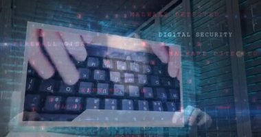 Bilgisayar, sunucu odası ve veri işleme sistemini kullanan hackerların dijital güvenlik uyarılarının animasyonu. Çevrimiçi güvenlik, siber suç ve dijital arayüz kavramı dijital olarak oluşturulmuş video.