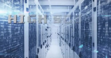Animation of high score text and numbers growing over server room. global social media, connections and digital interface concept digitally generated video.