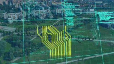Şehir manzarası üzerinde veri işleme animasyonu. küresel iş, finans, bağlantılar ve dijital arayüz konsepti dijital olarak oluşturulmuş video.