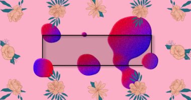 Animation of huge sale text in black, over blue and red blob with flowers on pink background. 