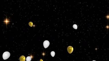 Animation of flying colorful balloons and lights over black background. party and celebration concept digitally generated video.