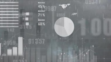 Animation of financial data processing over rain and clouds. global business, finances, connections and digital interface concept digitally generated video.