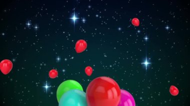 Animation of flying colorful balloons and lights over black background. party and celebration concept digitally generated video.