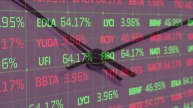 Animation of stock market over moving clock. global business, finances, connections and digital interface concept digitally generated video.