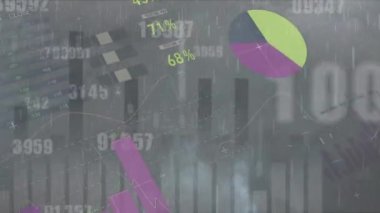 Animation of financial data processing over clouds and rain. global business, finances, connections and digital interface concept digitally generated video.