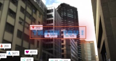 Animation of thank you text and numbers growing over cityscape. global social media and digital interface concept digitally generated video.