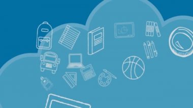 Animation of falling white icons over blue background. colour, movement and energy background concept, digitally generated video.