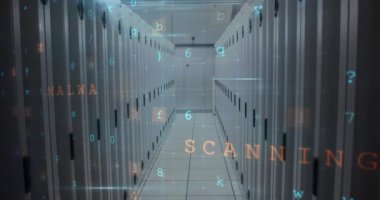 Animation of cyber attack warning with letters and numbers over server room. global internet security and data processing concept digitally generated video.