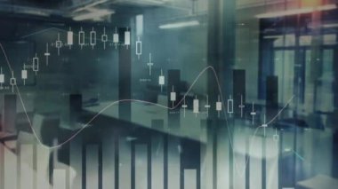 Boş ofis üzerinden finansal veri işleme animasyonu. küresel iş, finans, bağlantılar ve dijital arayüz konsepti dijital olarak oluşturulmuş video.