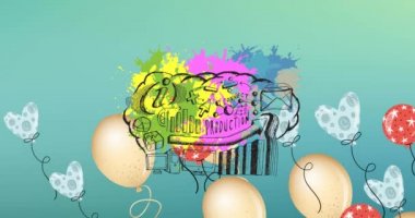 Animation of flying balloons over colorful graphics. hobby, interests and leisure time concept digitally generated video.