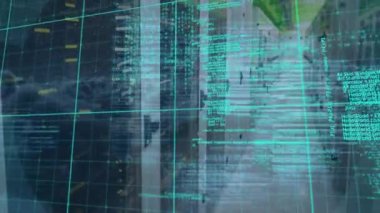 Animation of data processing and 5g text over server room. global business, finances, connections and digital interface concept digitally generated video.