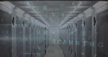 Animation of cyber attack warning over server room. global internet security and data processing concept digitally generated video.