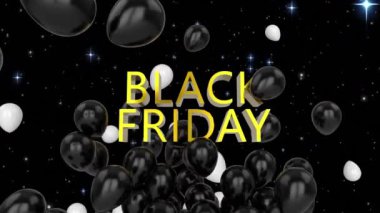 Animation of flying balloons over black Friday text black background. party and celebration concept digitally generated video.