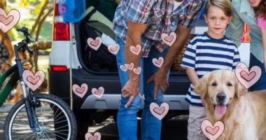 Piknikte evcil köpekleri ile birlikte beyaz ailelere karşı yüzen birden fazla pembe kalp ikonu. Bir köpek günü farkındalık konseptini yürüt