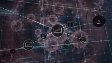 Virüs hücreleri üzerinden medya simgeleriyle bağlantı ağının animasyonu. Sayısal olarak üretilen covid 19 pandemik konsept sırasında sosyal medya.