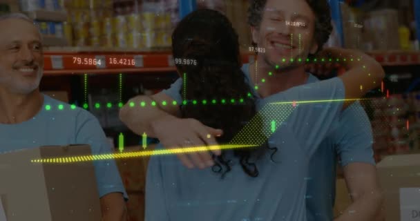 Animação Estatísticas Processamento Dados Sobre Vários Colegas Felizes Abraçando Armazém — Vídeo de Stock