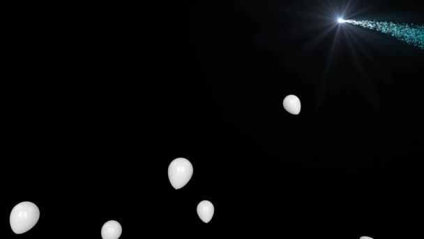 Animatie Van Vliegende Witte Ballonnen Lichten Zwarte Achtergrond Feest Feestconcept — Stockvideo