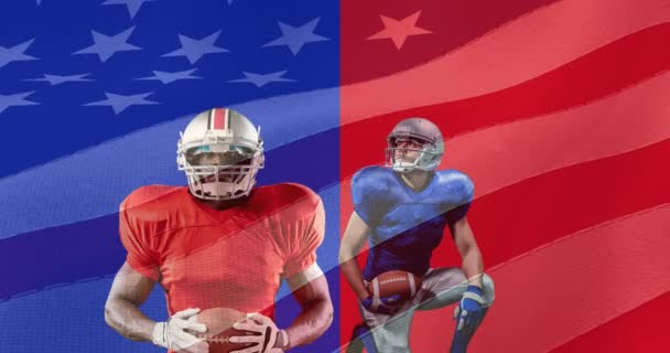 赤と青を背景にしたアメリカンフットボールのアニメーション 世界的なスポーツとデータ処理の概念デジタルで生成されたビデオ — ストック動画