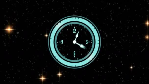 Animación Reloj Estrellas Cayendo Sobre Fondo Negro Concepto Fiesta Celebración — Vídeo de stock