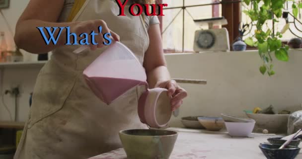 Animation What Your Hobby Text Midsection Caucasian Woman Painting Pottery — Stock Video