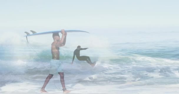 Animação Dupla Exposição Surfistas Esportes Tempo Livre Conceito Tempo Lazer — Vídeo de Stock