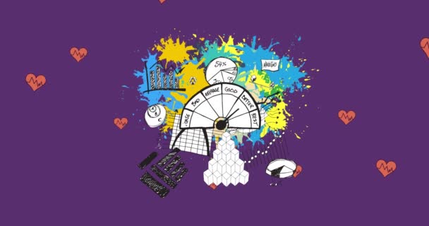 Animation Business Icons Hearts Purple Background Hobby Lifestyle Concept Digitally — ストック動画