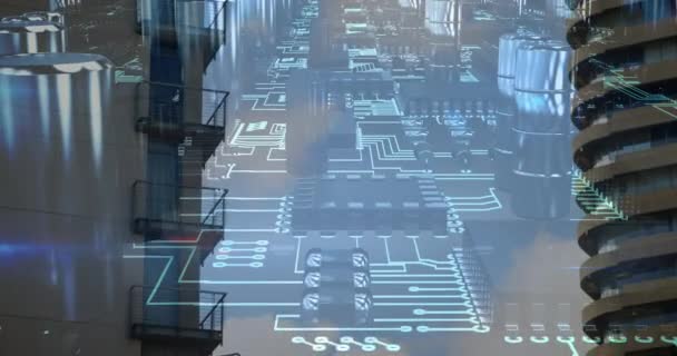 Animation Data Processing Computer Circuit Board Modern Office Buildings Global — Vídeo de Stock